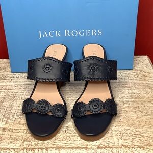 Jack Roger NWT 9.5 Navy Wedge Leather Sandals Floral Cut-Out Slide Sandal